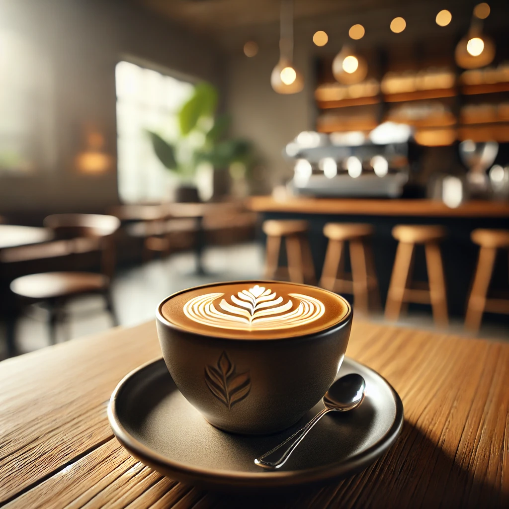 DALL·E 2025-01-13 18.40.46 - A high-quality specialty coffee served in a sleek ceramic cup, placed on a wooden table with a latte art design on the surface. The background is soft