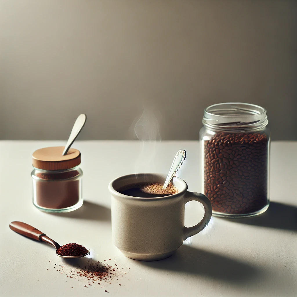 DALL·E 2025-01-13 18.42.40 - A cup of instant coffee in a simple ceramic mug placed on a clean white table. Next to it, an open jar of instant coffee granules with a small spoon i