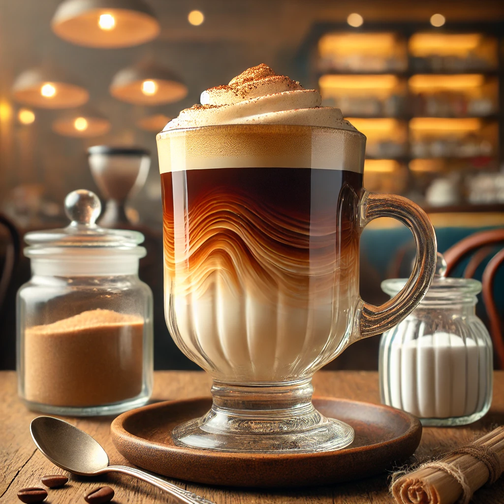 DALL·E 2025-01-13 18.42.46 - A visually appealing blend coffee in a clear glass mug, showing the layered effect of coffee and milk mixed together. The mug is placed on a wooden ta