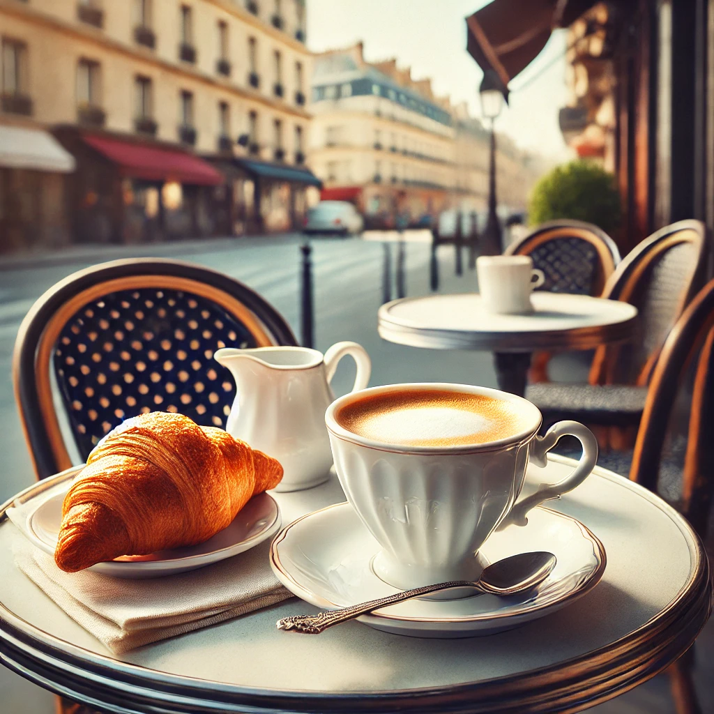 DALL·E 2025-01-13 19.09.35 - A classic French café scene with a cup of French coffee served in a white porcelain cup and saucer, accompanied by a small croissant. The coffee is pl