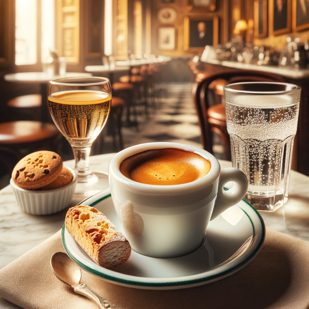 DALL·E 2025-01-13 19.09.36 - A traditional Italian coffee served as an espresso in a small white porcelain cup with a saucer, placed on a marble table. The espresso has a rich cre