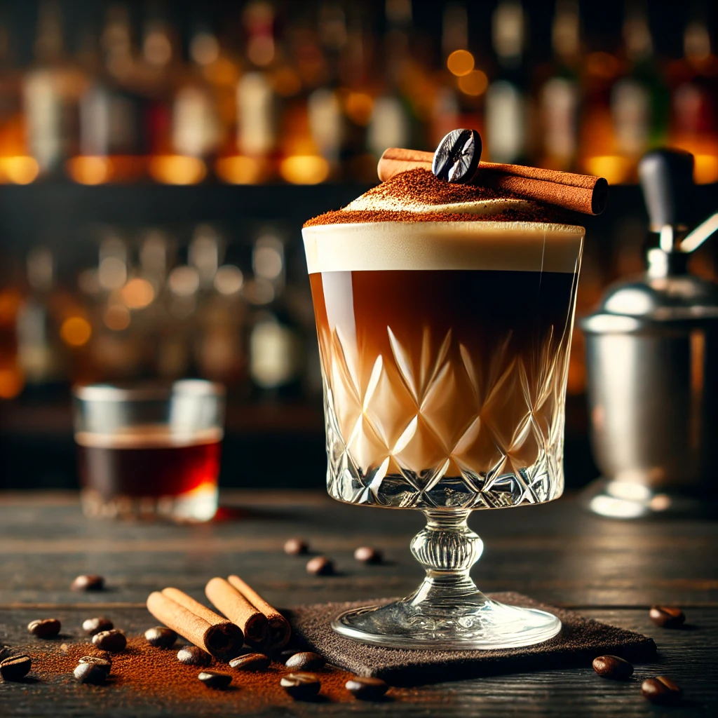 DALL·E 2025-01-13 19.17.21 - A beautifully crafted coffee cocktail served in a stylish glass, garnished with coffee beans and a cinnamon stick. The cocktail is rich and layered, w