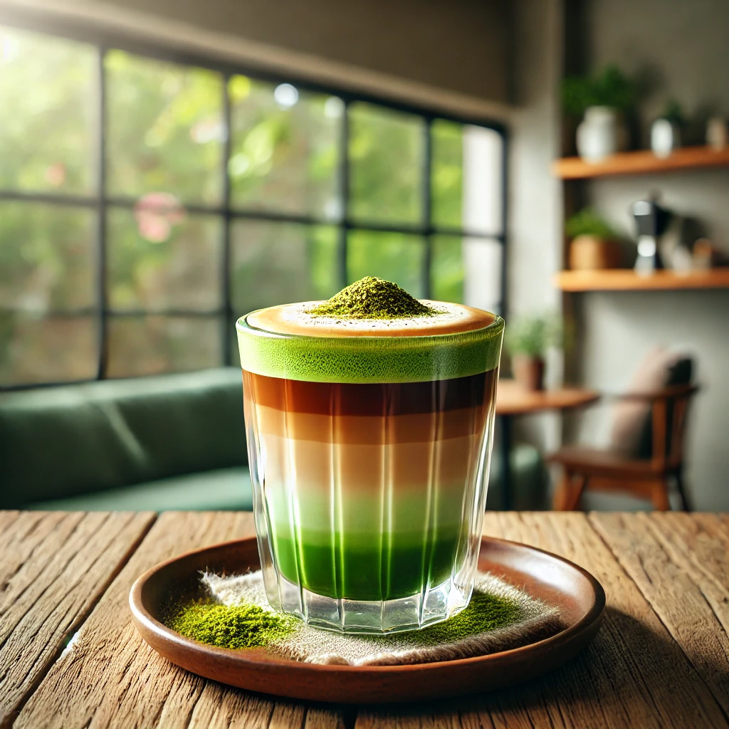 DALL·E 2025-01-13 19.17.23 - A creative fusion of green tea and coffee served in a glass cup, showcasing the layered effect of matcha green tea and espresso. The drink is garnishe