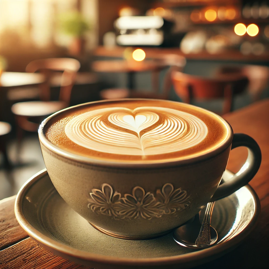 DALL·E 2025-01-13 19.17.28 - A classic latte coffee served in a large ceramic cup with beautiful latte art on top, featuring a heart-shaped design. The cup is placed on a wooden t